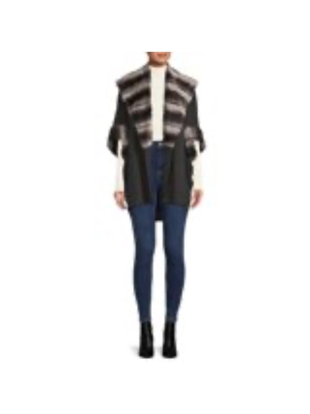 CARMEN MARC VALVO Open Front Faux Fur Short Sleeve Cardigan Sweater